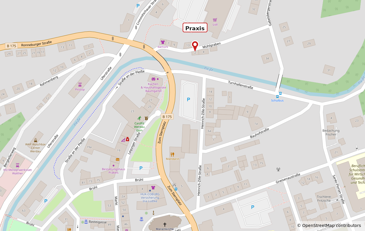 Kartenausschnitt mit der Lage der Praxis für Psychotherapie am Mühlgraben 2 in Werdau, Zufahrt über die Gabelsbergerstraße